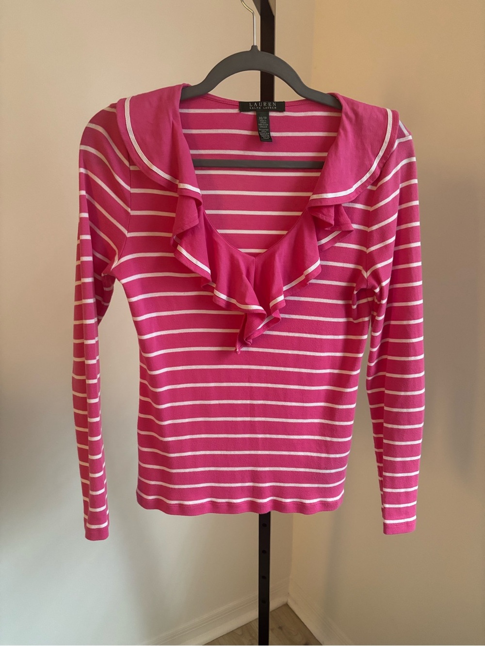 Ralph Lauren Pink and White Striped Ruffle V-Neck Long Sleeve Top